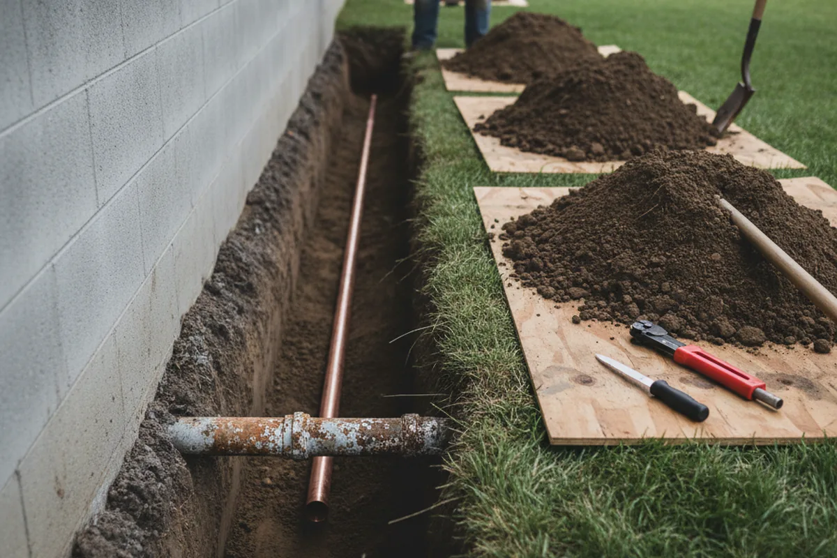 Excavated water line trench during Water Softener Installation in Brice